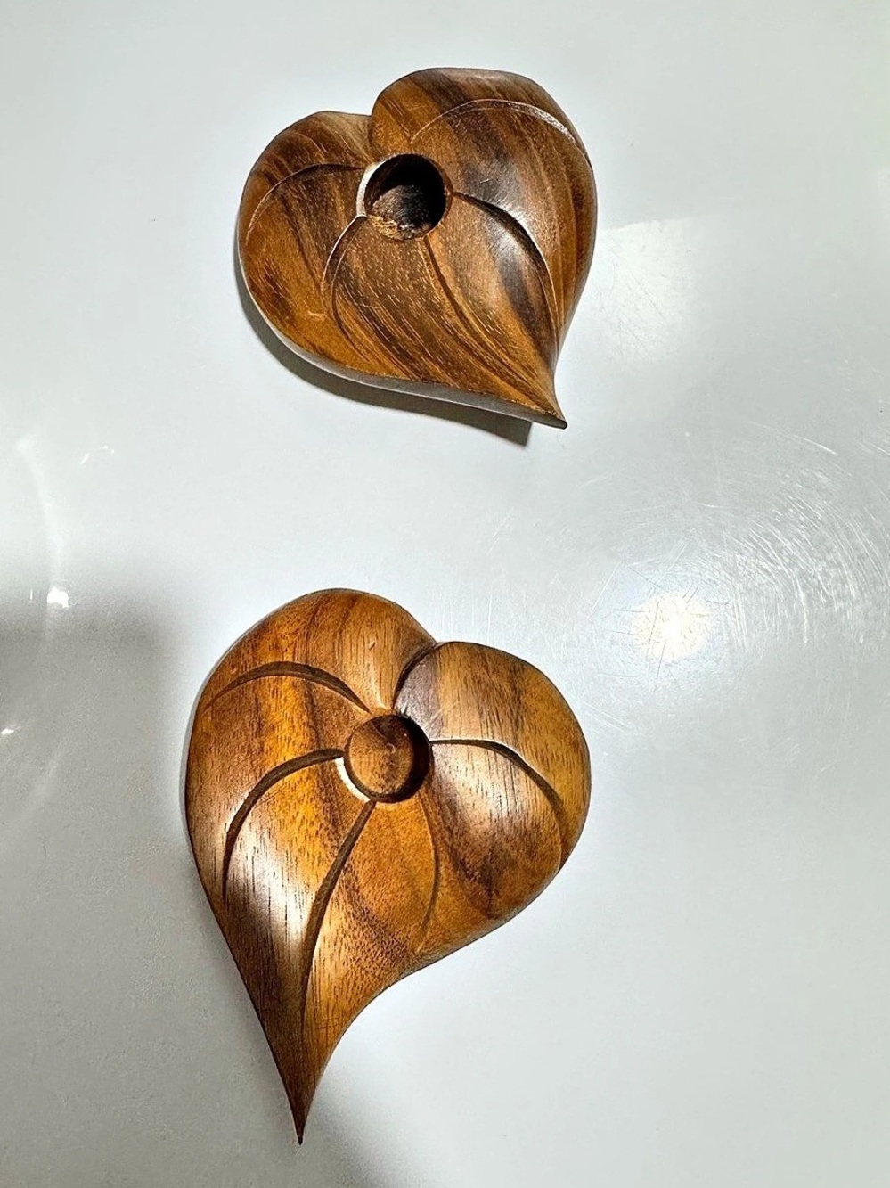 Vtg hand carved wooden leaf candle holders